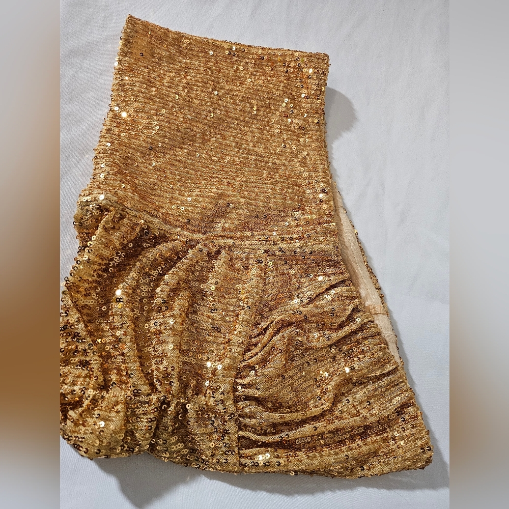 Free People  NWT Strapless Crop Ta Da Shimmering Gold Sequin Top W/ Boning Sz L - Picture 5 of 9